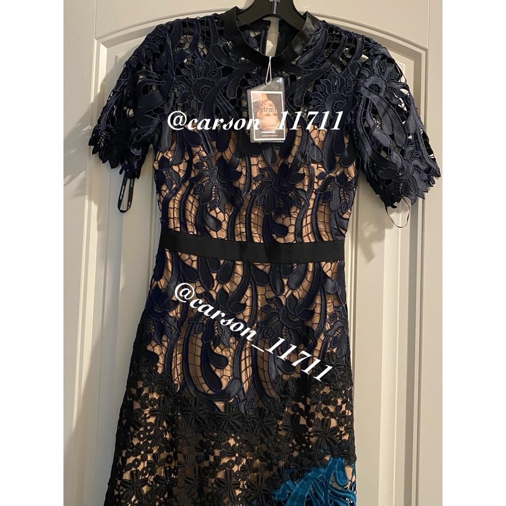 NWT Self Portrait Prairie Midi Dress Navy/Teal - Picture 5 of 17
